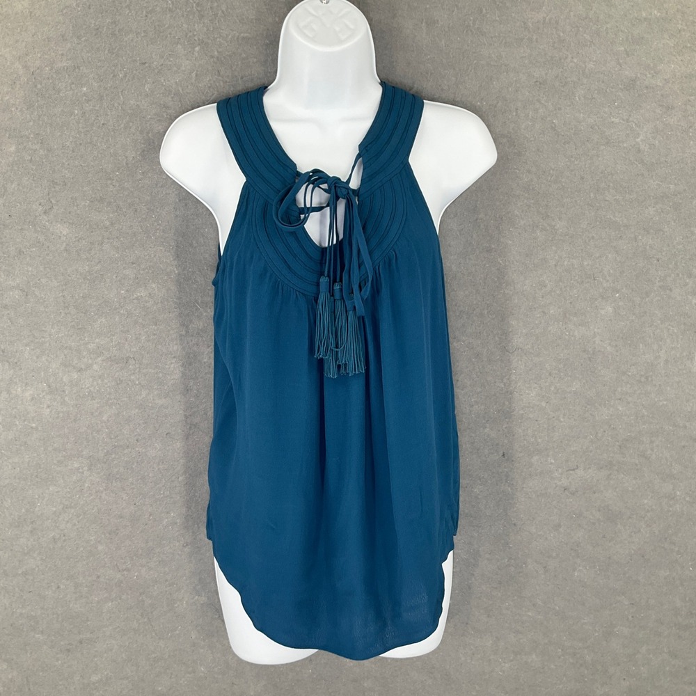 Diane von Furstenberg Top Womens Size 2 Sleeveless Tassel Teal Blouse Bohemian‎